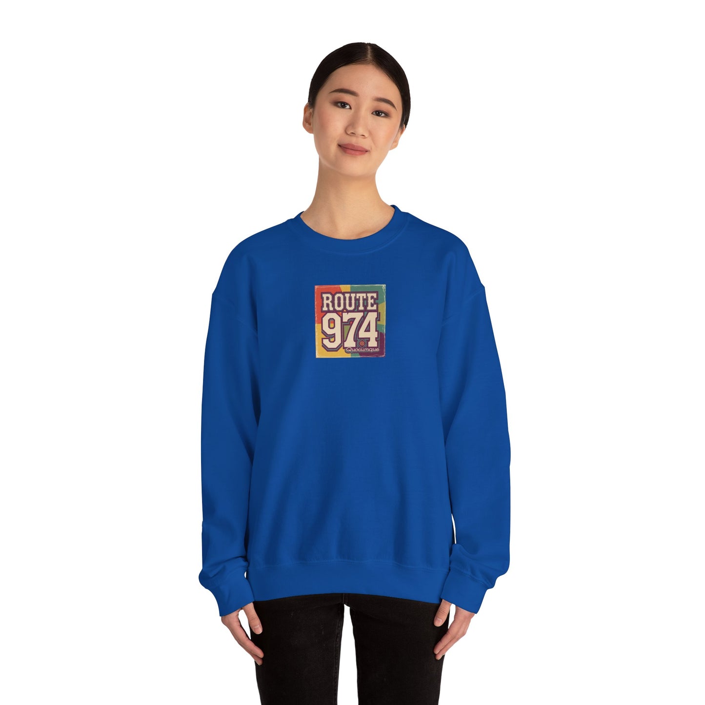 Sweat-Shirt Quocumque "Route 974", Période Hippies, Destination l'Île De La Réunion, Adulte, Homme, Femme, Sportive, Sportif, Décontracté, Élégant, Classique,