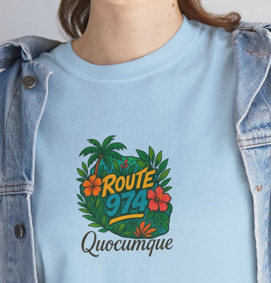 T-shirt "Route 974 Flore", Destination Île de La Réunion, Confort Coton, Sobre, Elégant, Souvenir Unique, Cadeau, Unisexe, Esprit Voyageur
