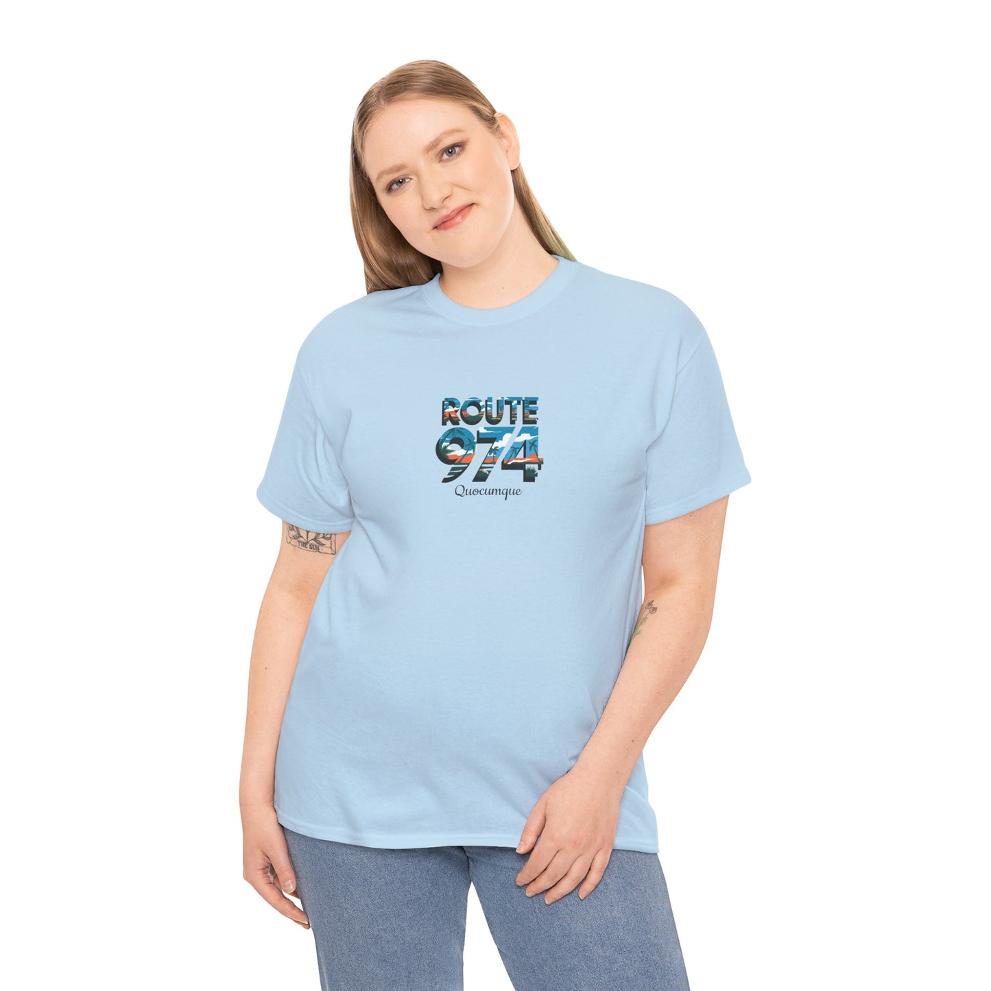 T-shirt "Route 974", Exotisme, Destination Île de La Réunion, Confort Coton, Sobre, Elégant, Souvenir Unique, Cadeau, Unisexe, Esprit Voyageur