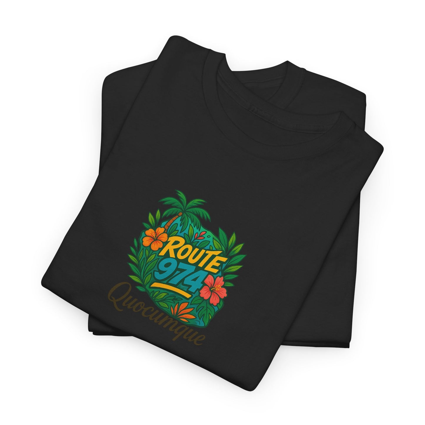 T-shirt "Route 974 Flore", Destination Île de La Réunion, Confort Coton, Sobre, Elégant, Souvenir Unique, Cadeau, Unisexe, Esprit Voyageur