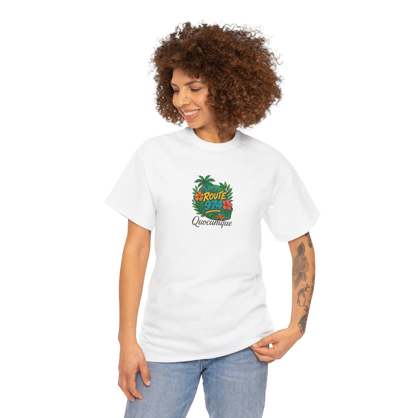 T-shirt "Route 974 Flore", Destination Île de La Réunion, Confort Coton, Sobre, Elégant, Souvenir Unique, Cadeau, Unisexe, Esprit Voyageur