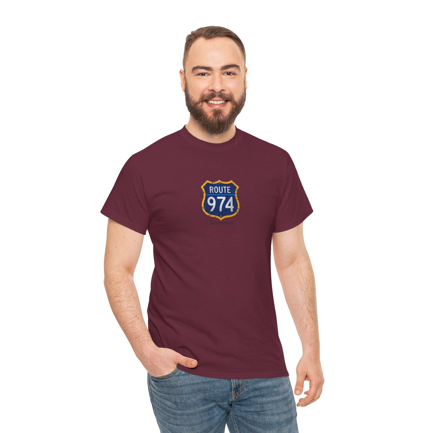 T-shirt "Route 974", Exotisme, Destination Île de La Réunion, Confort Coton, Sobre, Elégant, Souvenir Unique, Cadeau, Unisexe, Esprit Voyageur