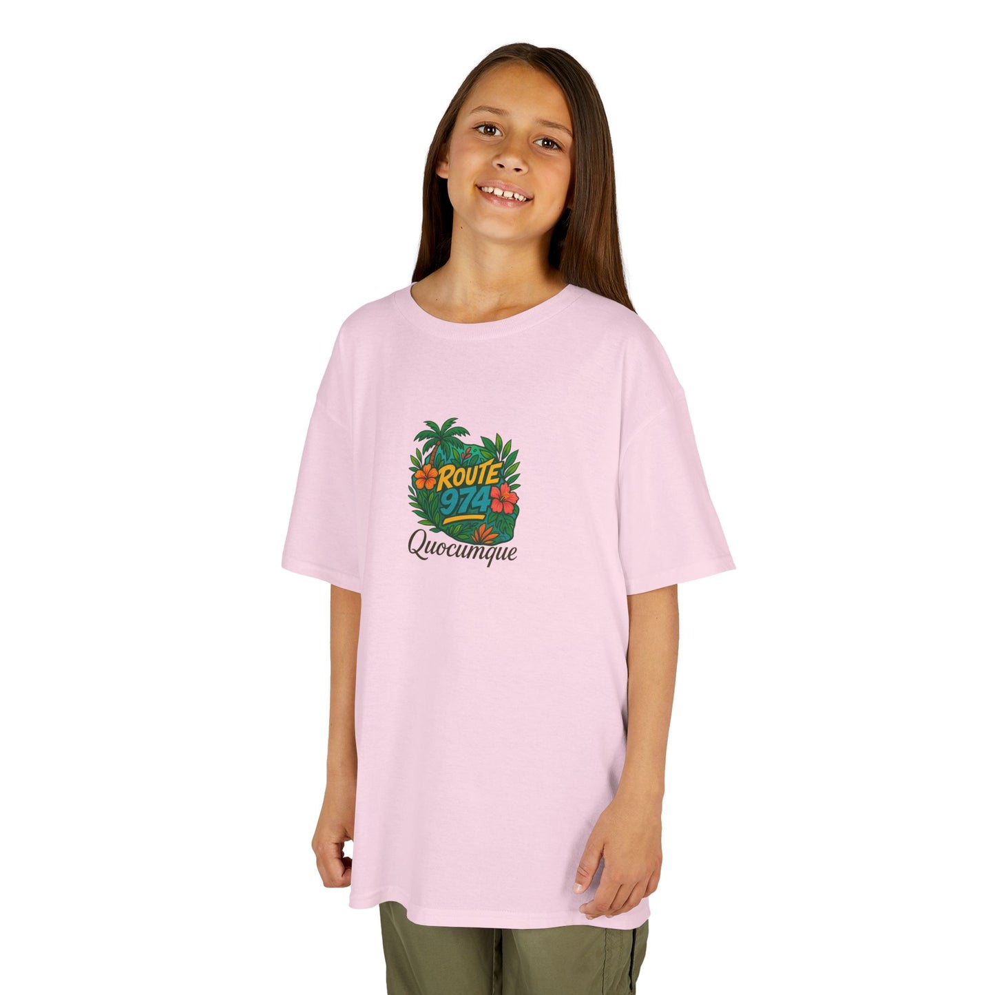T-shirt "Route 974 Flore", Île de La Réunion, Douceur Coton,Pour les enfants de 5-6 ans( Taille XS), Pour les 7-8 ans( taille S), Pour les 9-10 ans( taille M), Pour les 11-12 ans( taille L), Pour les 13-14 ans( taille XLS)