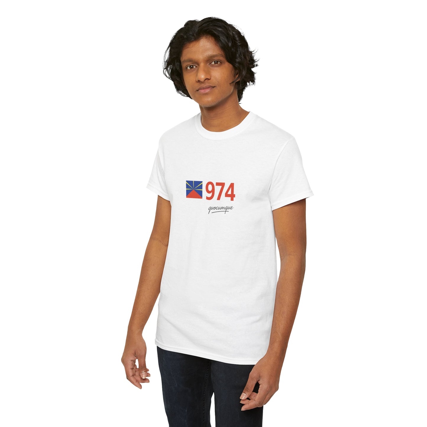 T-shirt "974 Drapeau", Île de La Réunion, Confort Coton, Sobre, Elégant, Souvenir Unique, Cadeau, Unisexe, Esprit Voyageur