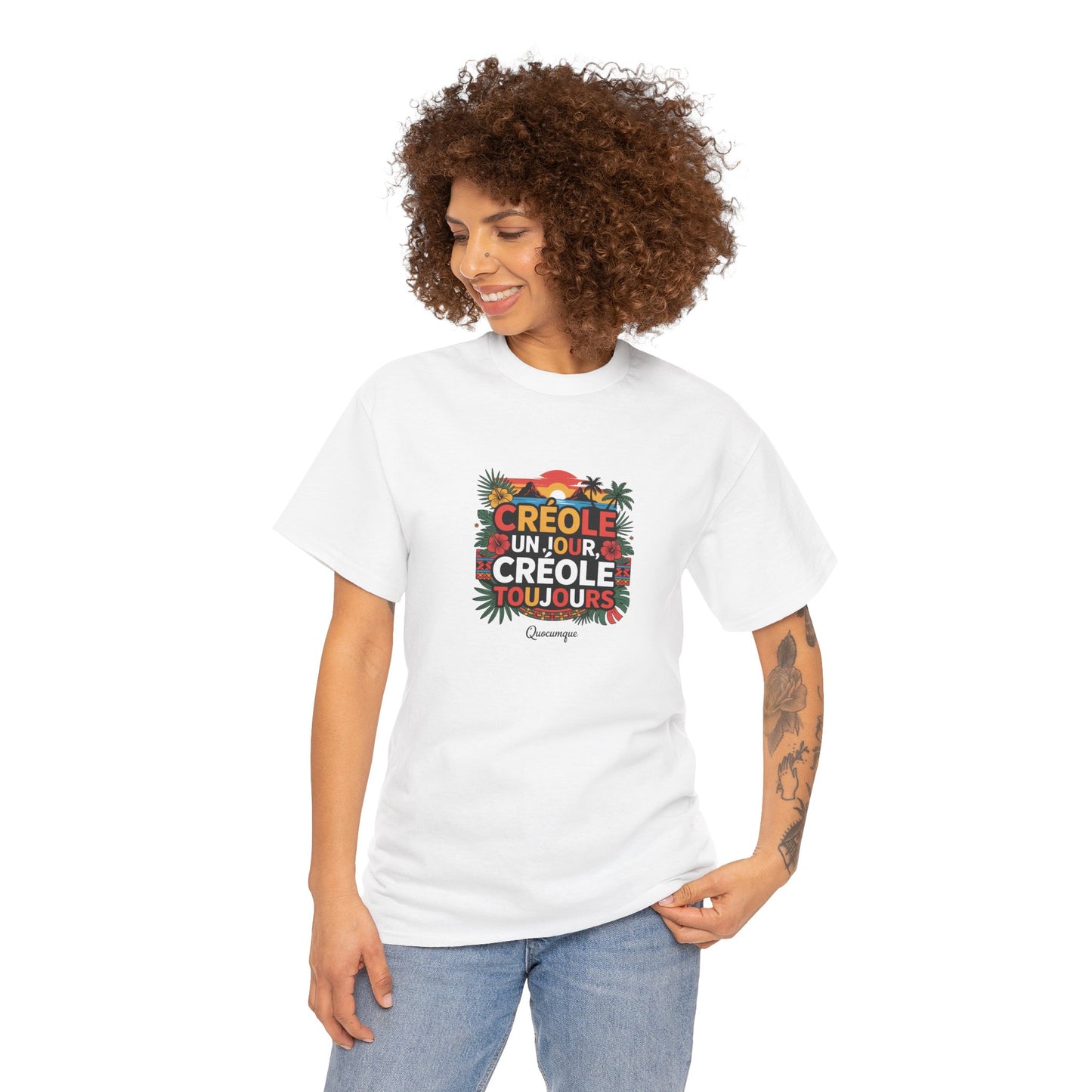 T-shirt Quocumque "Créole" Île de La Réunion", Confort Coton, Sobre, Elégant, Souvenir Unique, Cadeau, Unisexe, Esprit Voyageur
