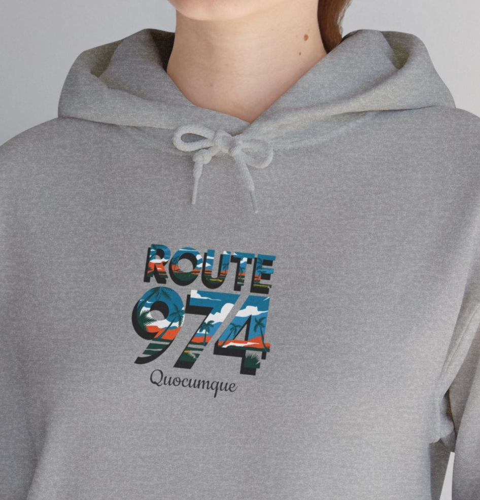 Sweat-Shirt à Capuche Collection " Route 974", Exotisme, Adulte, Homme, Femme, Sportive, Sportif, Décontracté, Classique, Destination La Réunion