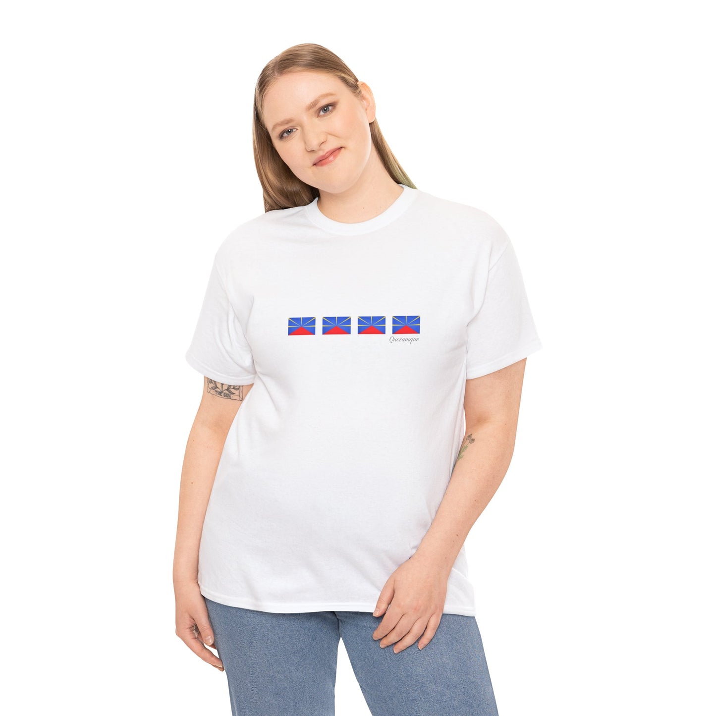 T-shirt "Drapeaux Île de La Réunion", Confort Coton, Sobre, Elégant, Souvenir Unique, Cadeau, Unisexe, Esprit Voyageur
