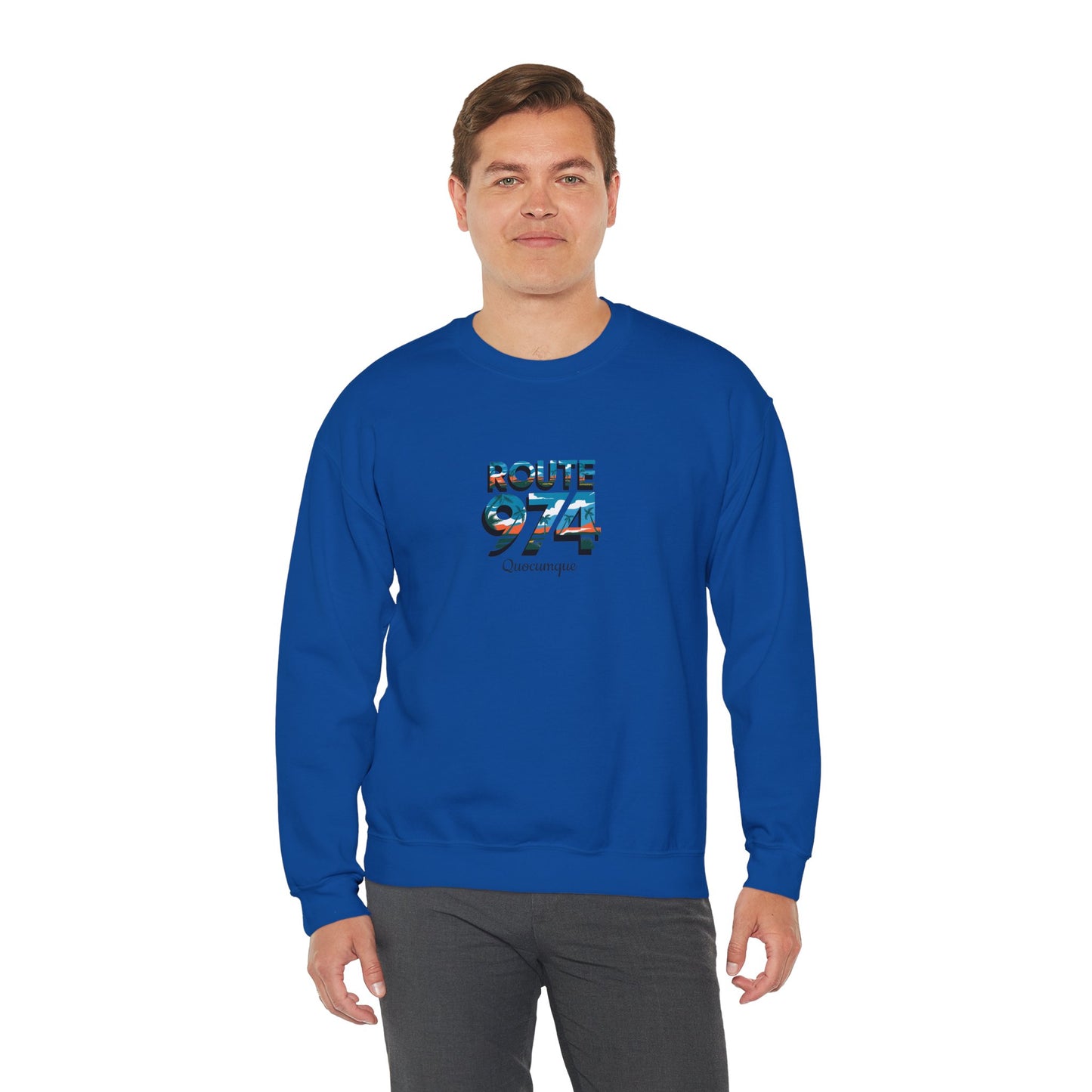 Sweat-Shirt Quocumque "Route 974", Exotique, Destination l'Île De La Réunion, Adulte, Homme, Femme, Sportive, Sportif, Décontracté, Élégant, Classique,