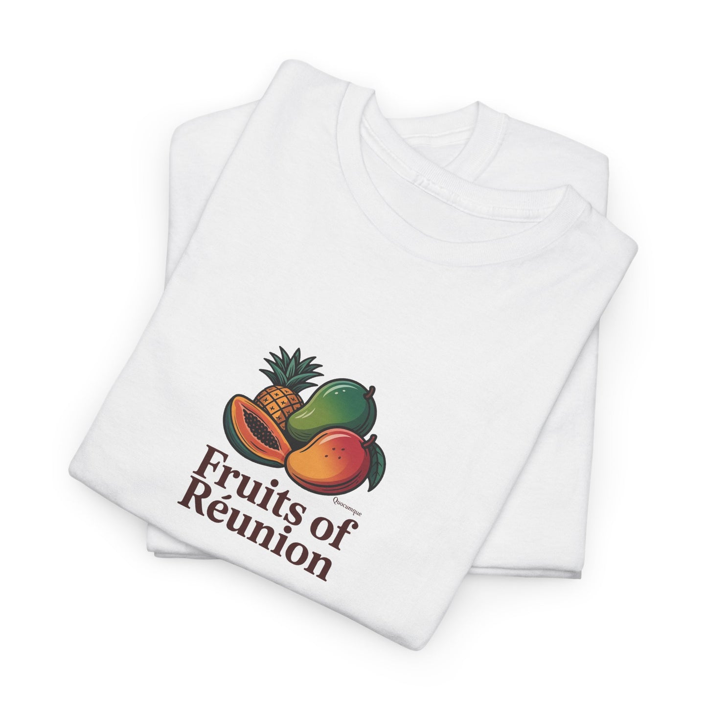 T-shirt "Fruits of Réunion", Île de La Réunion, Confort Coton, Sobre, Elégant, Souvenir Unique, Cadeau, Unisexe, Esprit Voyageur