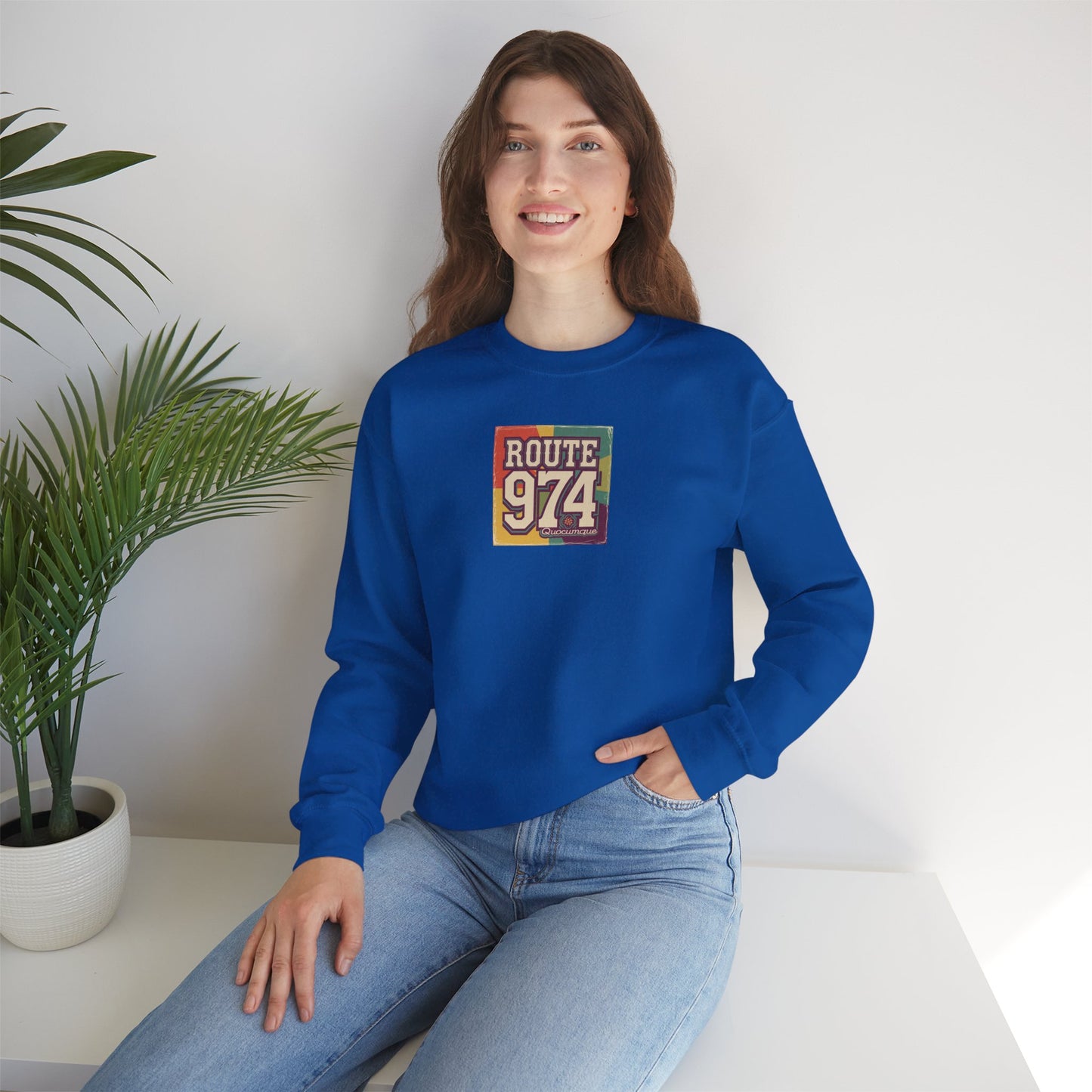 Sweat-Shirt Quocumque "Route 974", Période Hippies, Destination l'Île De La Réunion, Adulte, Homme, Femme, Sportive, Sportif, Décontracté, Élégant, Classique,