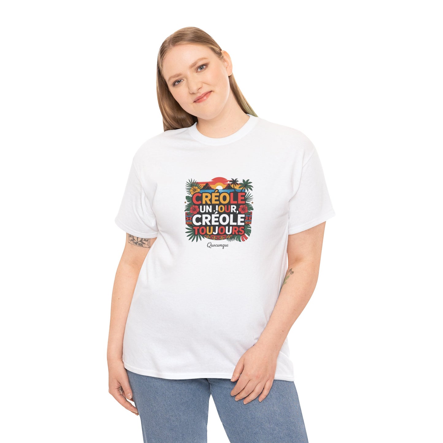 T-shirt Quocumque "Créole" Île de La Réunion", Confort Coton, Sobre, Elégant, Souvenir Unique, Cadeau, Unisexe, Esprit Voyageur