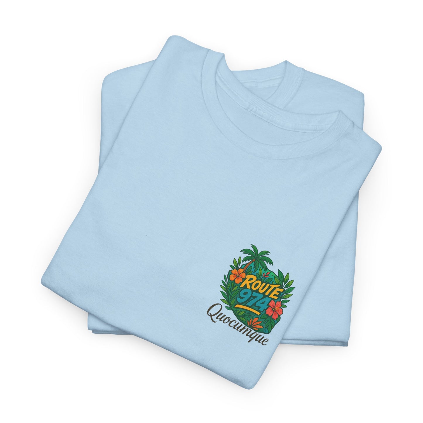 T-shirt "Route 974 Flore", Destination Île de La Réunion, Confort Coton, Sobre, Elégant, Souvenir Unique, Cadeau, Unisexe, Esprit Voyageur