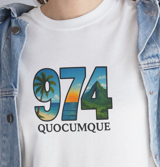 T-shirt "974", Île de La Réunion, Confort Coton, Sobre, Elégant, Souvenir Unique, Cadeau, Unisexe, Esprit Voyageur