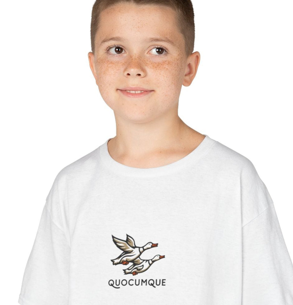T-shirt Quocumque, Canards,  Douceur Coton, Pour les enfants de 5-6 ans( Taille XS), Pour les 7-8 ans( taille S), Pour les 9-10 ans( taille M), Pour les 11-12 ans( taille L), Pour les 13-14 ans( taille XL)