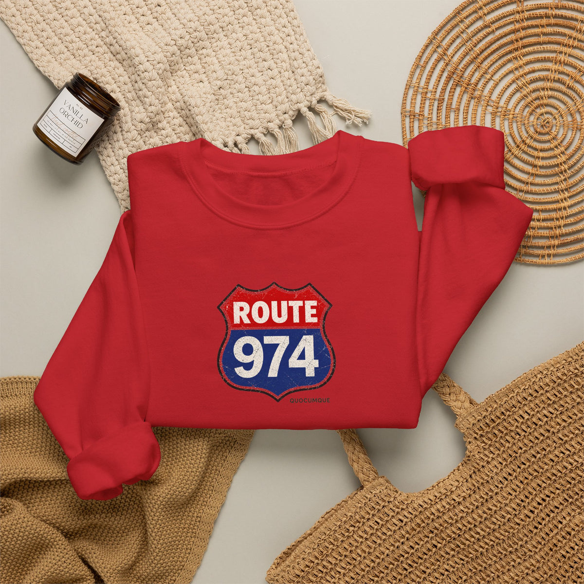 Sweat Quocumque "Route 974", Exotique, Destination Île De La Réunion, Adulte, Homme, Femme, Sportive, Sportif, Décontracté, Drapeau Régional