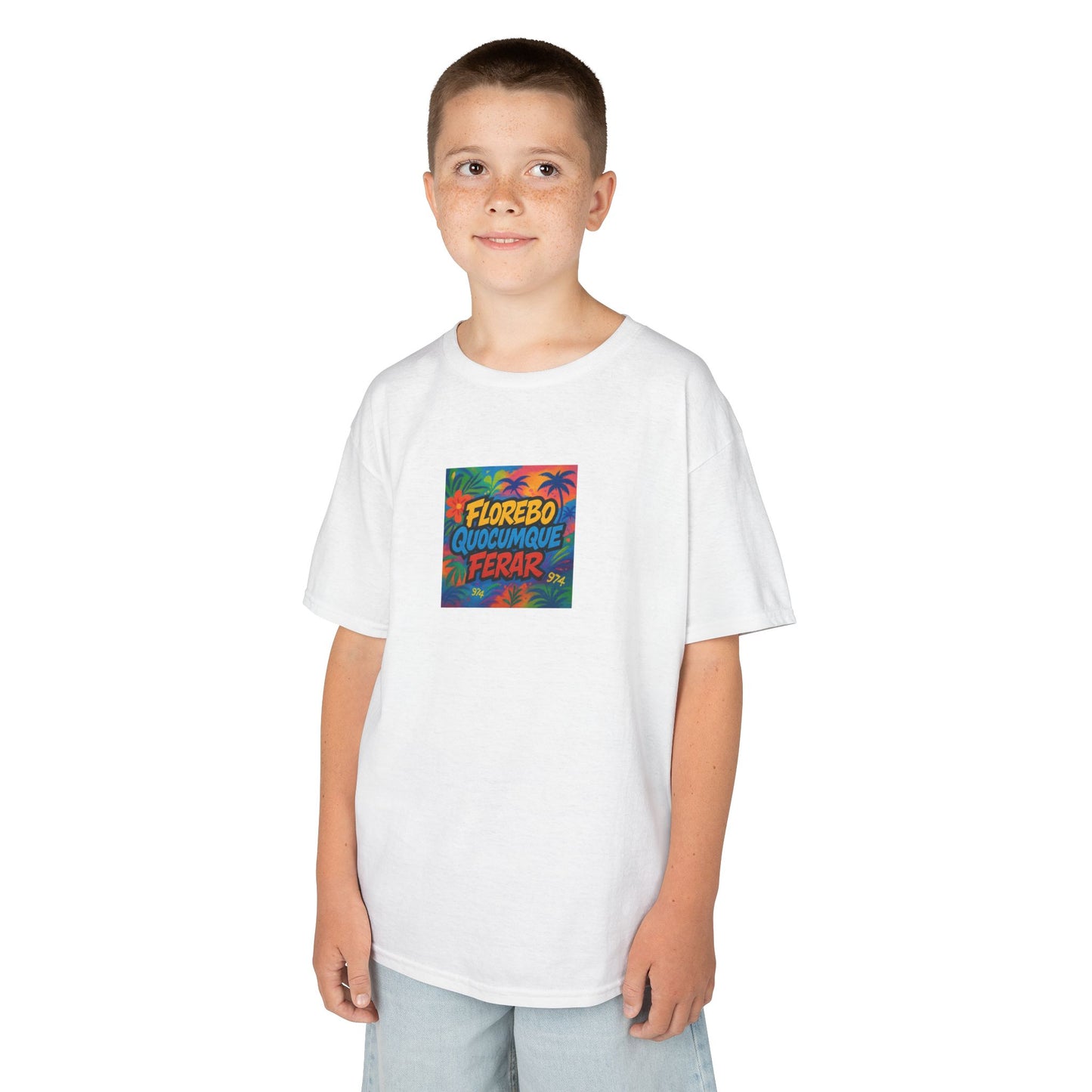 T-shirt "Florebo Quocumque Ferar", Île de La Réunion, Douceur Coton,  Pour les enfants de 5-6 ans( Taille XS), Pour les 7-8 ans( taille S), Pour les 9-10 ans( taille M), Pour les 11-12 ans( taille L), Pour les 13-14 ans( taille XLS)