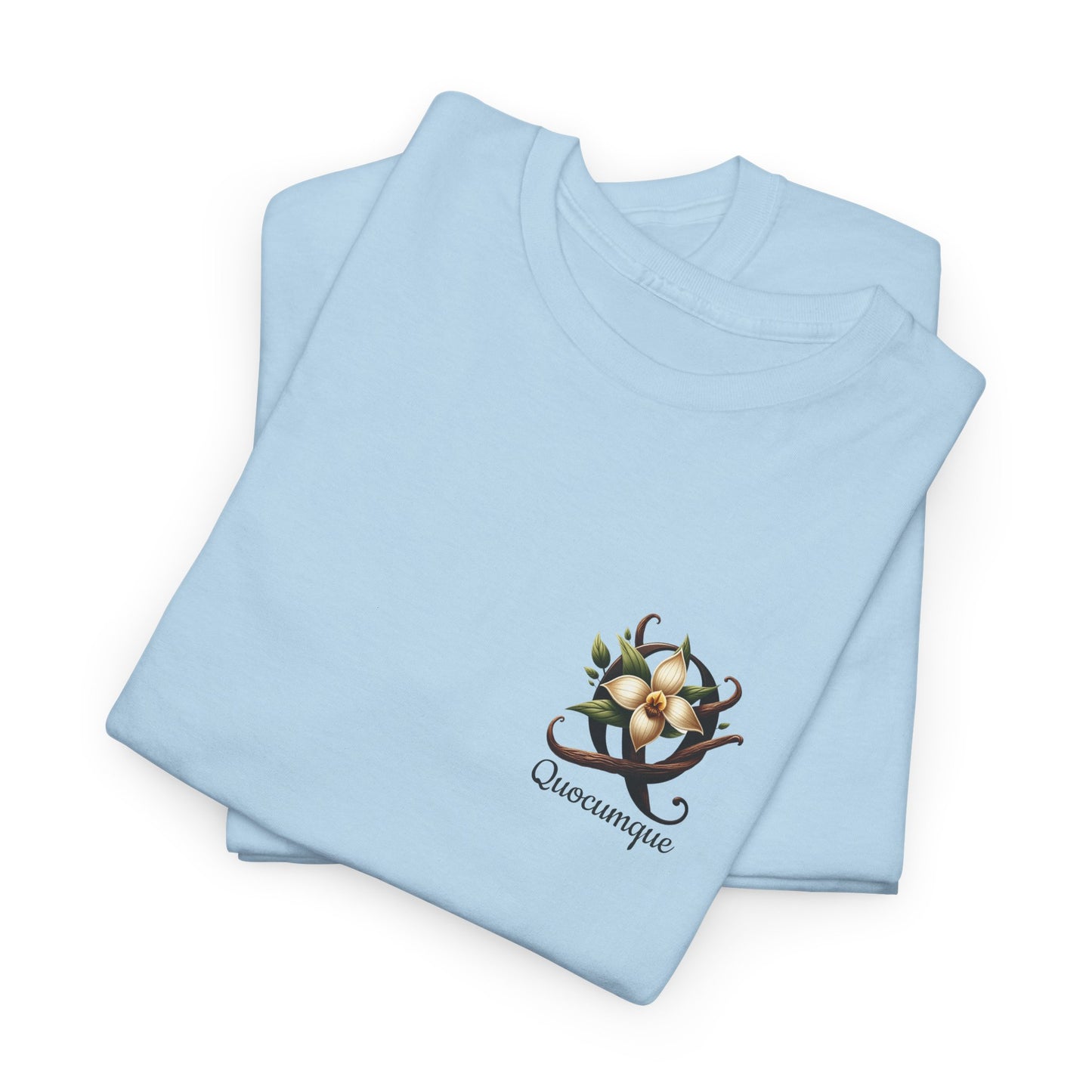 T-shirt Quocumque Vanille "Fleur et Gousses", île de La Réunion, Confort Coton, Sobre, Elégant, Souvenir Unique, Cadeau, Unisexe, Esprit Voyageur