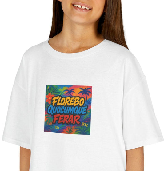 T-shirt "Florebo Quocumque Ferar", Île de La Réunion, Douceur Coton,  Pour les enfants de 5-6 ans( Taille XS), Pour les 7-8 ans( taille S), Pour les 9-10 ans( taille M), Pour les 11-12 ans( taille L), Pour les 13-14 ans( taille XLS)