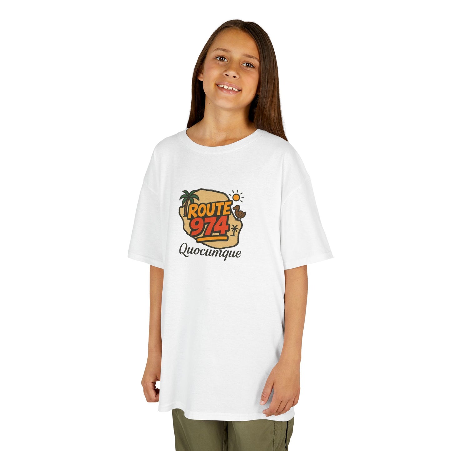 T-shirt "Route 974", Île de La Réunion, Douceur Coton, Pour les enfants de 5-6 ans( Taille XS), Pour les 7-8 ans( taille S), Pour les 9-10 ans( taille M), Pour les 11-12 ans( taille L), Pour les 13-14 ans( taille XLS)