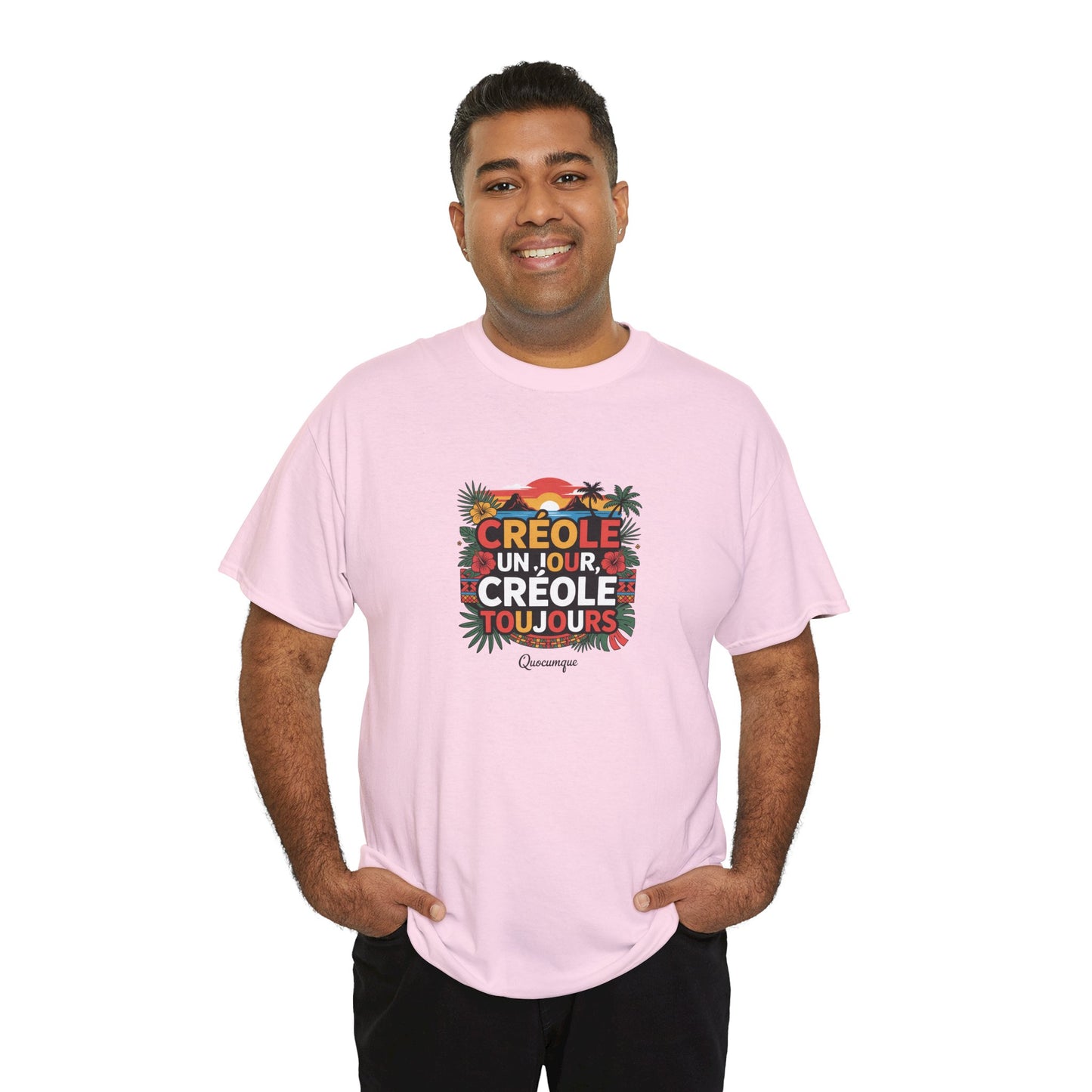 T-shirt Quocumque "Créole" Île de La Réunion", Confort Coton, Sobre, Elégant, Souvenir Unique, Cadeau, Unisexe, Esprit Voyageur