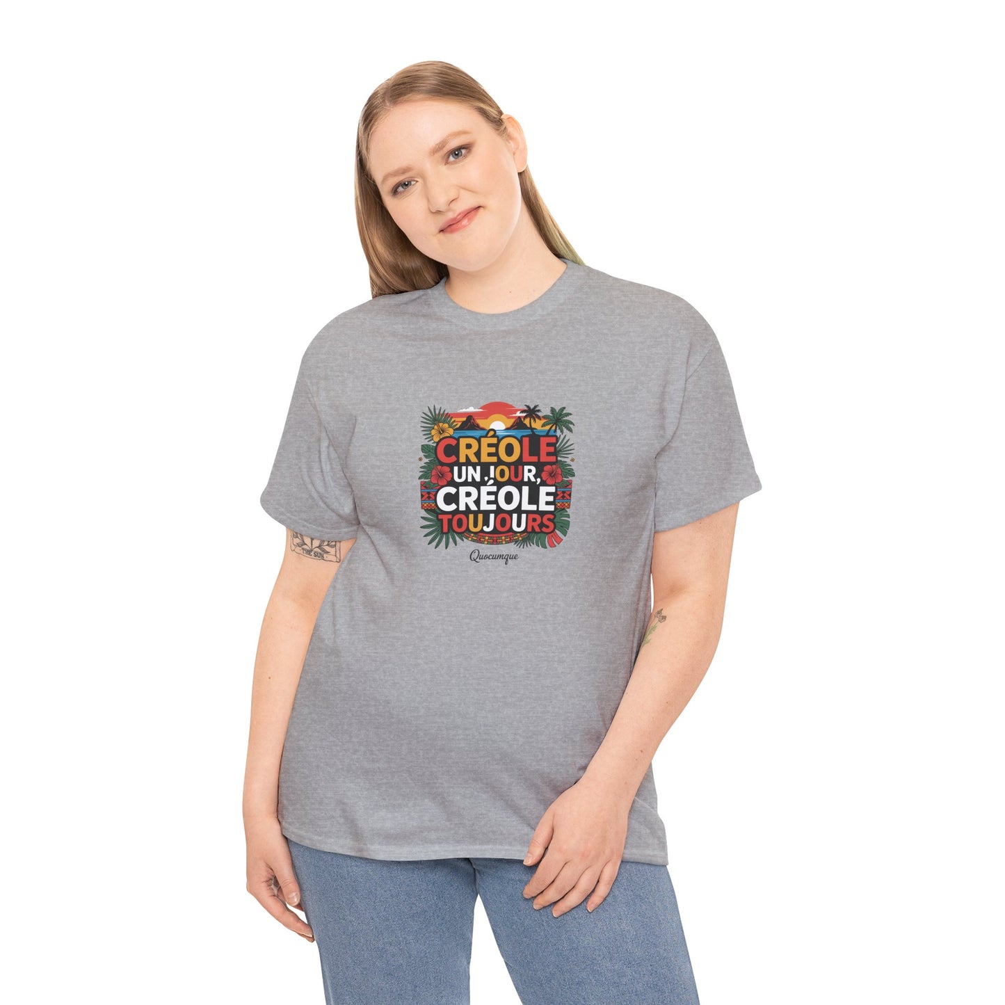 T-shirt Quocumque "Créole" Île de La Réunion", Confort Coton, Sobre, Elégant, Souvenir Unique, Cadeau, Unisexe, Esprit Voyageur
