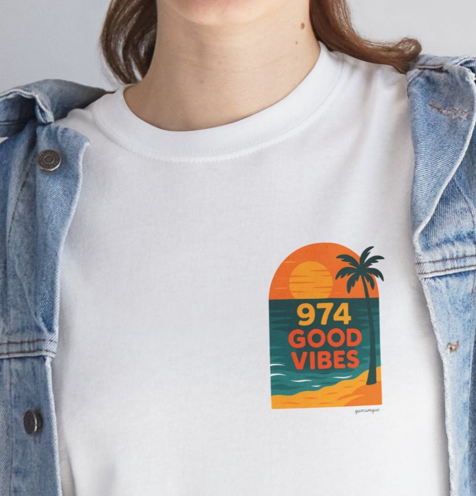 T-shirt "Good Vibes", Île de La Réunion, Confort Coton, Sobre, Elégant, Souvenir Unique, Cadeau, Unisexe, Esprit Voyageur, Adulte