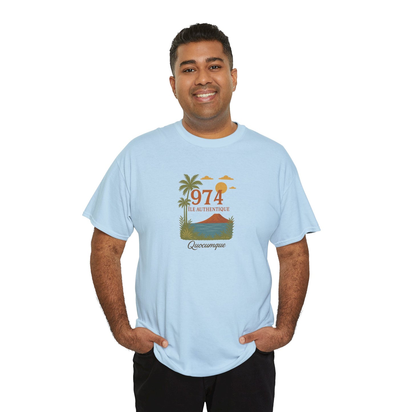 T-shirt "974 Île Authentique", Exotisme, Destination Île de La Réunion, Confort Coton, Sobre, Elégant, Souvenir Unique, Cadeau, Unisexe, Esprit Voyageur