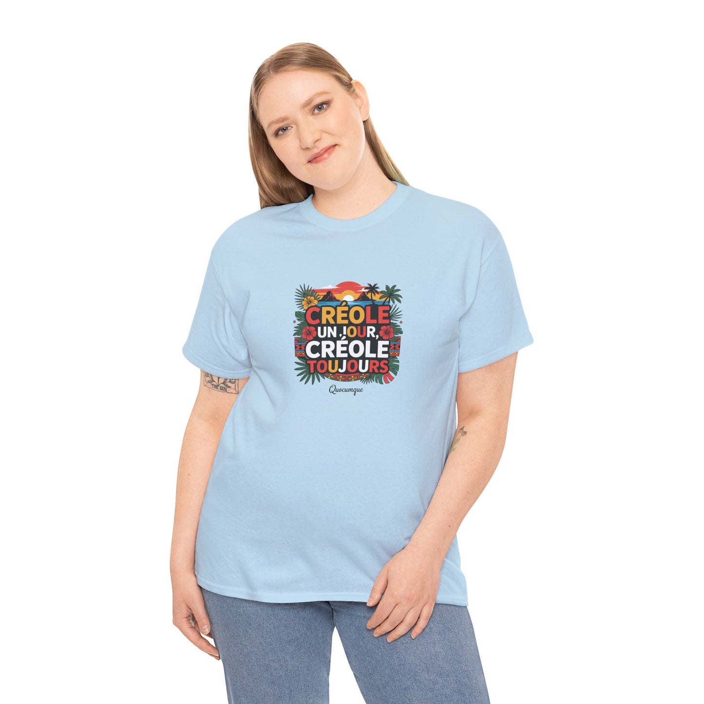 T-shirt Quocumque "Créole" Île de La Réunion", Confort Coton, Sobre, Elégant, Souvenir Unique, Cadeau, Unisexe, Esprit Voyageur