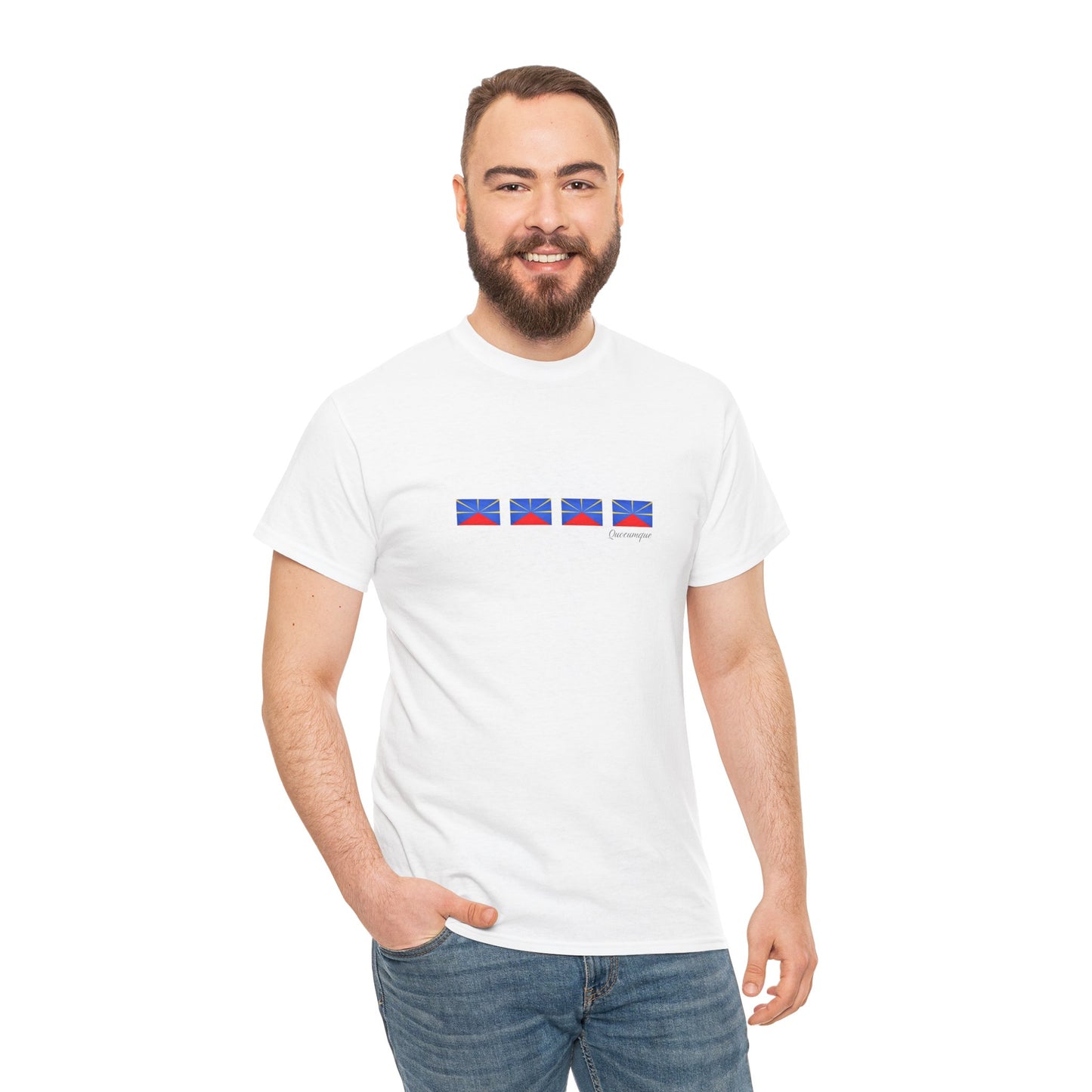 T-shirt "Drapeaux Île de La Réunion", Confort Coton, Sobre, Elégant, Souvenir Unique, Cadeau, Unisexe, Esprit Voyageur