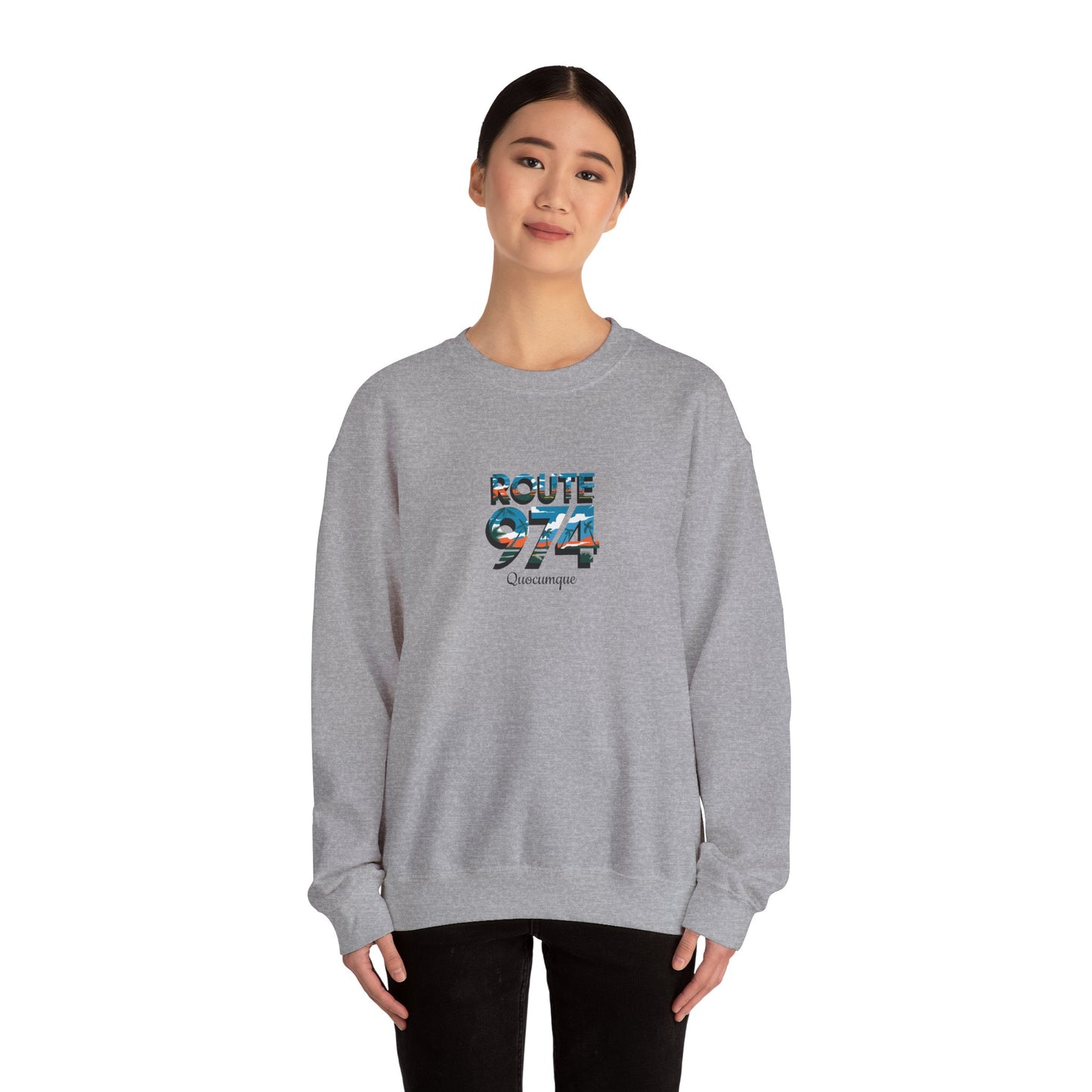 Sweat-Shirt Quocumque "Route 974", Exotique, Destination l'Île De La Réunion, Adulte, Homme, Femme, Sportive, Sportif, Décontracté, Élégant, Classique,
