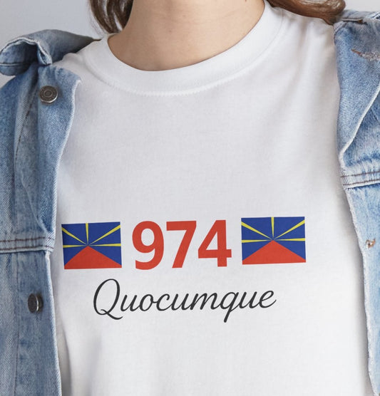 T-shirt "974 Drapeaux", Île de La Réunion, Confort Coton, Sobre, Elégant, Souvenir Unique, Cadeau, Unisexe, Esprit Voyageur