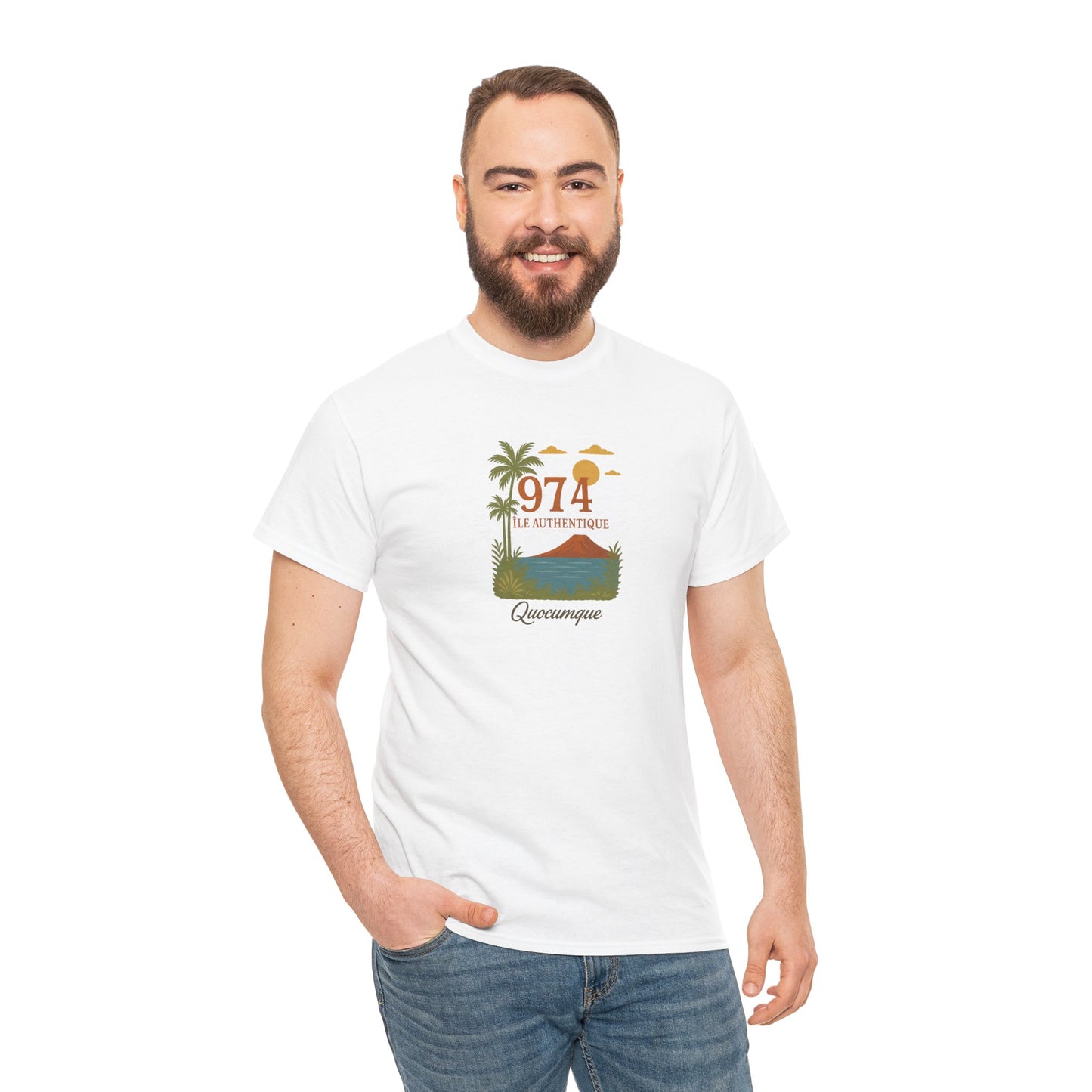 T-shirt "974 Île Authentique", Exotisme, Destination Île de La Réunion, Confort Coton, Sobre, Elégant, Souvenir Unique, Cadeau, Unisexe, Esprit Voyageur