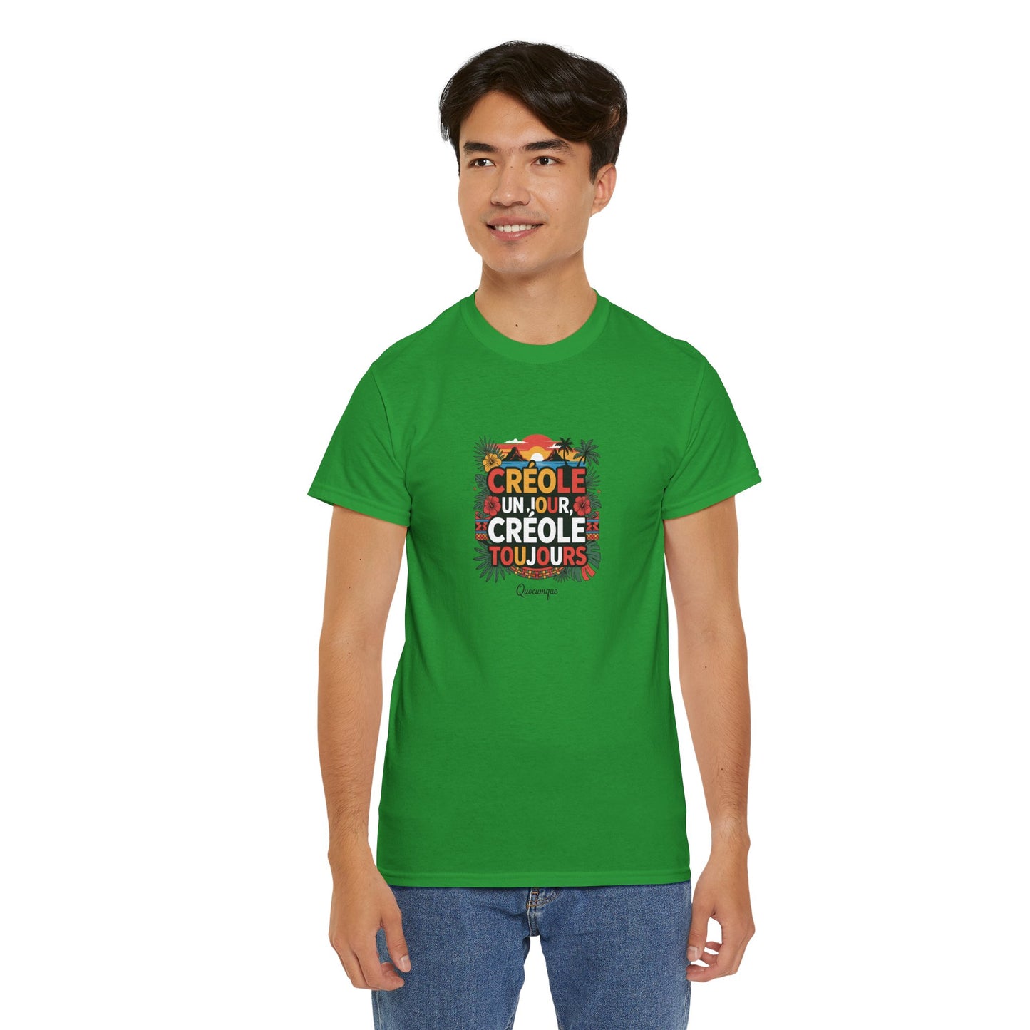 T-shirt Quocumque "Créole" Île de La Réunion", Confort Coton, Sobre, Elégant, Souvenir Unique, Cadeau, Unisexe, Esprit Voyageur