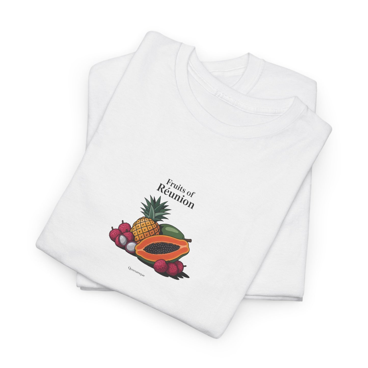 T-shirt "Fruits of Réunion", Île de La Réunion, Confort Coton, Sobre, Elégant, Souvenir Unique, Cadeau, Unisexe, Esprit Voyageur