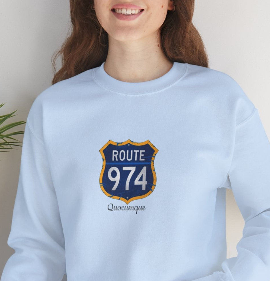 Sweat-Shirt Quocumque "Route 974", Exotique, Destination l'Île De La Réunion, Adulte, Homme, Femme, Sportive, Sportif, Décontracté, Élégant, Classique,