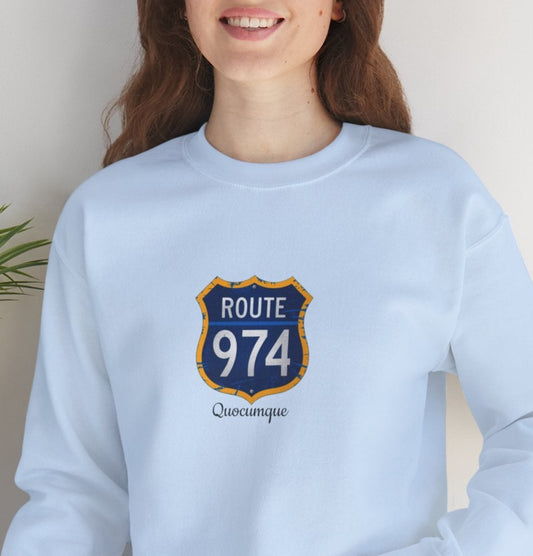 Sweat-Shirt Quocumque "Route 974", Exotique, Destination l'Île De La Réunion, Adulte, Homme, Femme, Sportive, Sportif, Décontracté, Élégant, Classique,