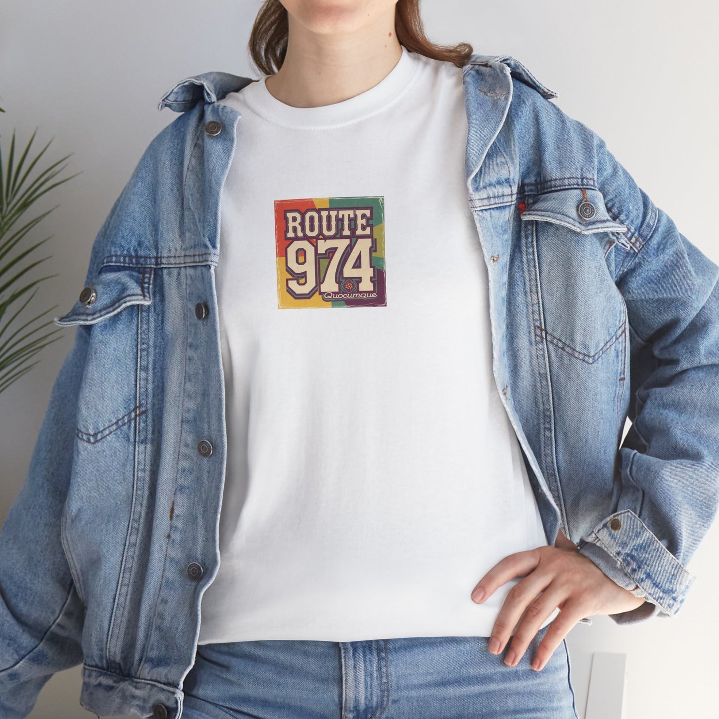 T-shirt "Route 974", Années Hippies, Destination île de La Réunion, Confort Coton, Sobre, Elégant, Souvenir Unique, Cadeau, Unisexe, Esprit Voyageur