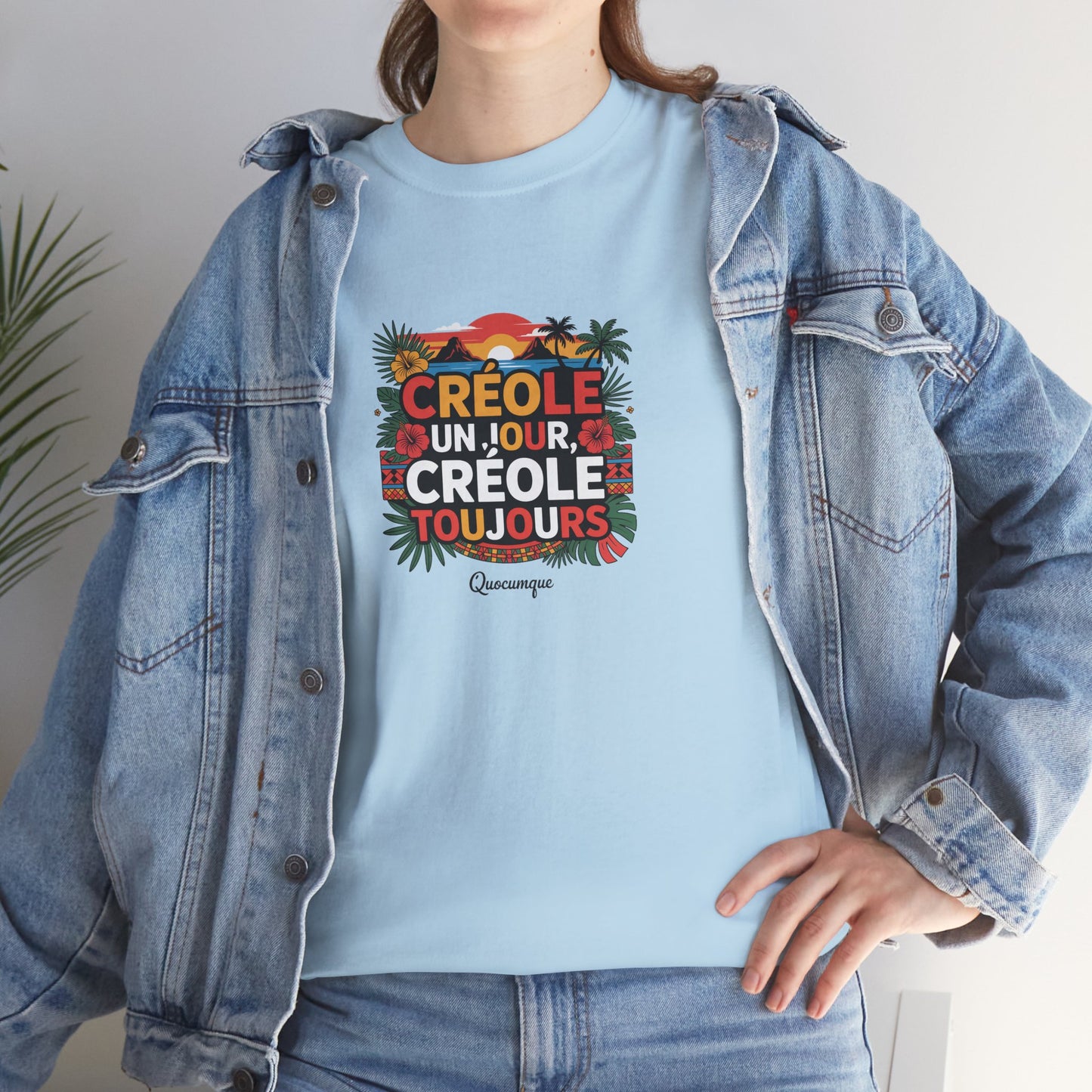 T-shirt Quocumque "Créole" Île de La Réunion", Confort Coton, Sobre, Elégant, Souvenir Unique, Cadeau, Unisexe, Esprit Voyageur