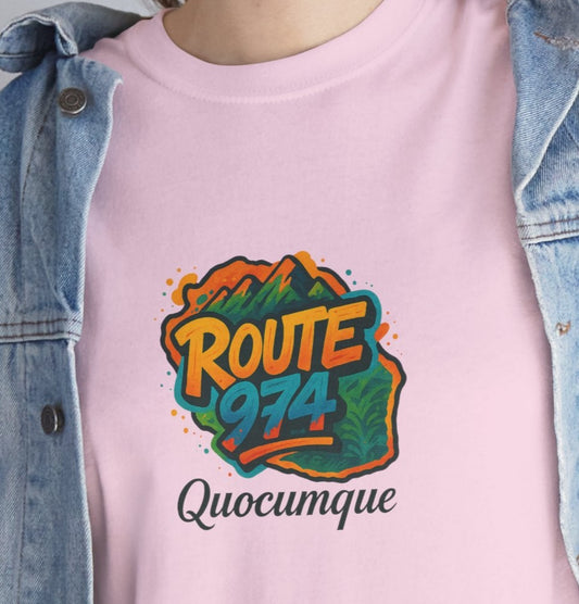 T-shirt "Route 974 Montagne", Destination Île de La Réunion, Confort Coton, Sobre, Elégant, Souvenir Unique, Cadeau, Unisexe, Esprit Voyageur