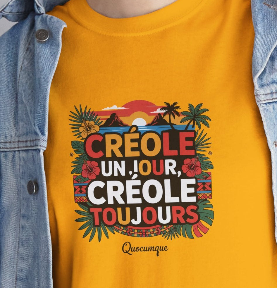 T-shirt Quocumque "Créole" Île de La Réunion", Confort Coton, Sobre, Elégant, Souvenir Unique, Cadeau, Unisexe, Esprit Voyageur