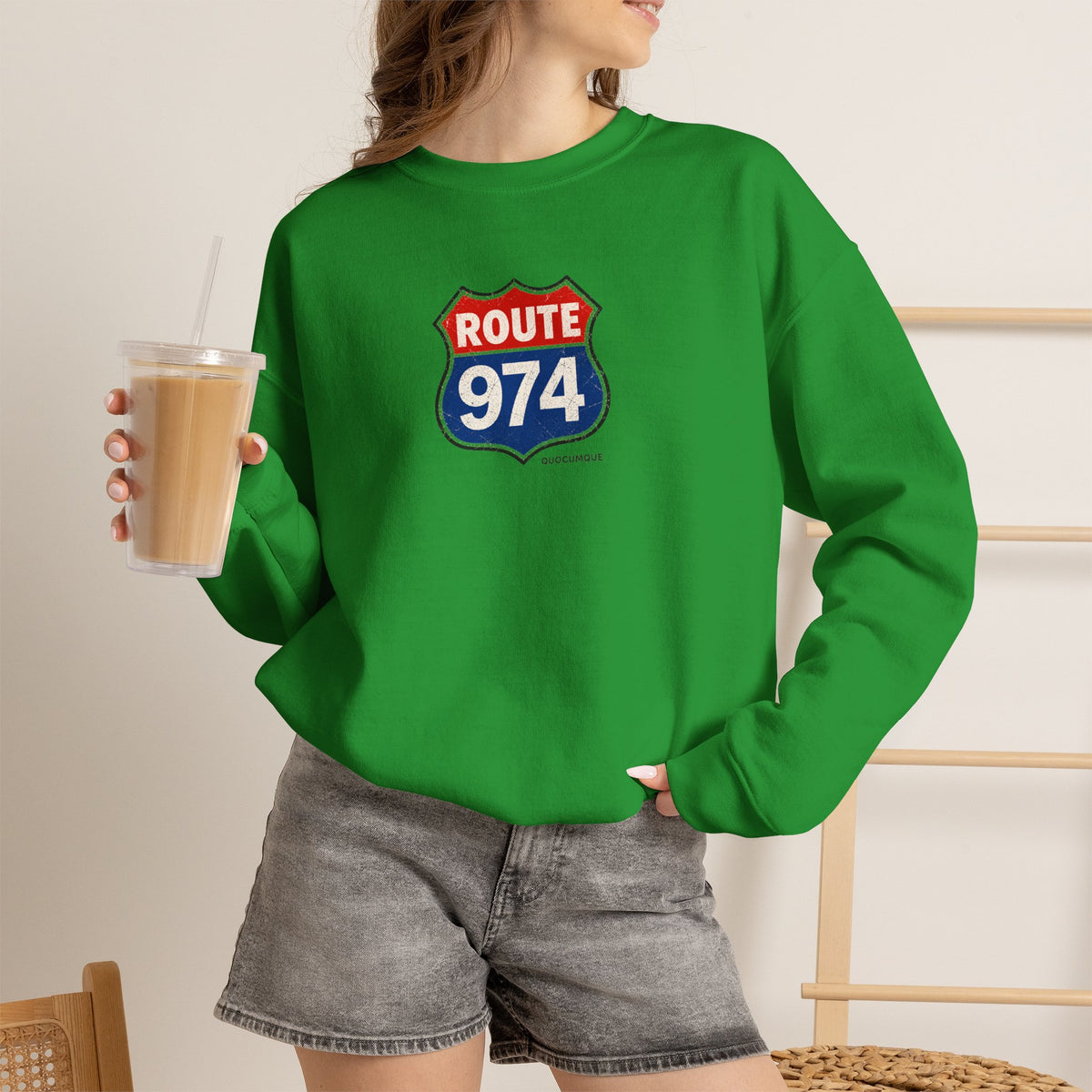 Sweat Quocumque "Route 974", Exotique, Destination Île De La Réunion, Adulte, Homme, Femme, Sportive, Sportif, Décontracté, Drapeau Régional