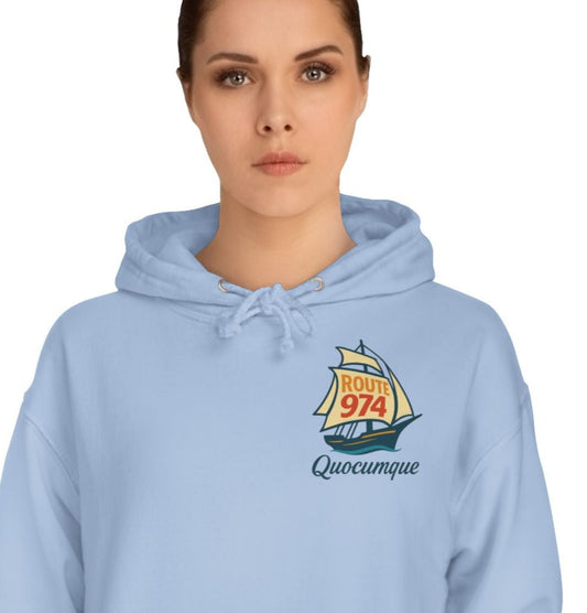 Sweat à Capuche pour Adulte "Route 974 Voile", Hoodie, Unisexe, Élégance, Sobriété, Marin, Homme, Femme, Grand Large, Mer, Océan, Régate