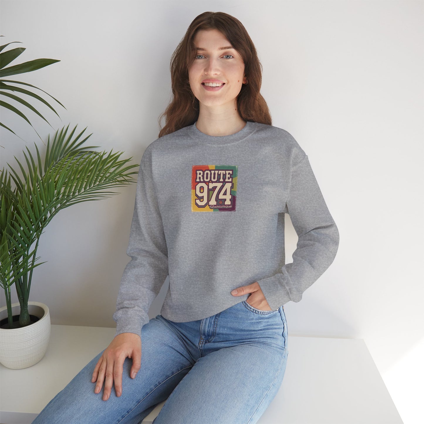 Sweat-Shirt Quocumque "Route 974", Période Hippies, Destination l'Île De La Réunion, Adulte, Homme, Femme, Sportive, Sportif, Décontracté, Élégant, Classique,