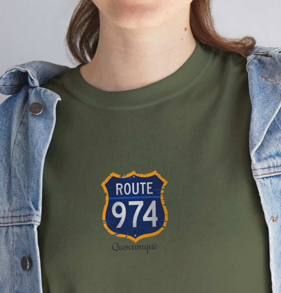 T-shirt "Route 974", Exotisme, Destination Île de La Réunion, Confort Coton, Sobre, Elégant, Souvenir Unique, Cadeau, Unisexe, Esprit Voyageur