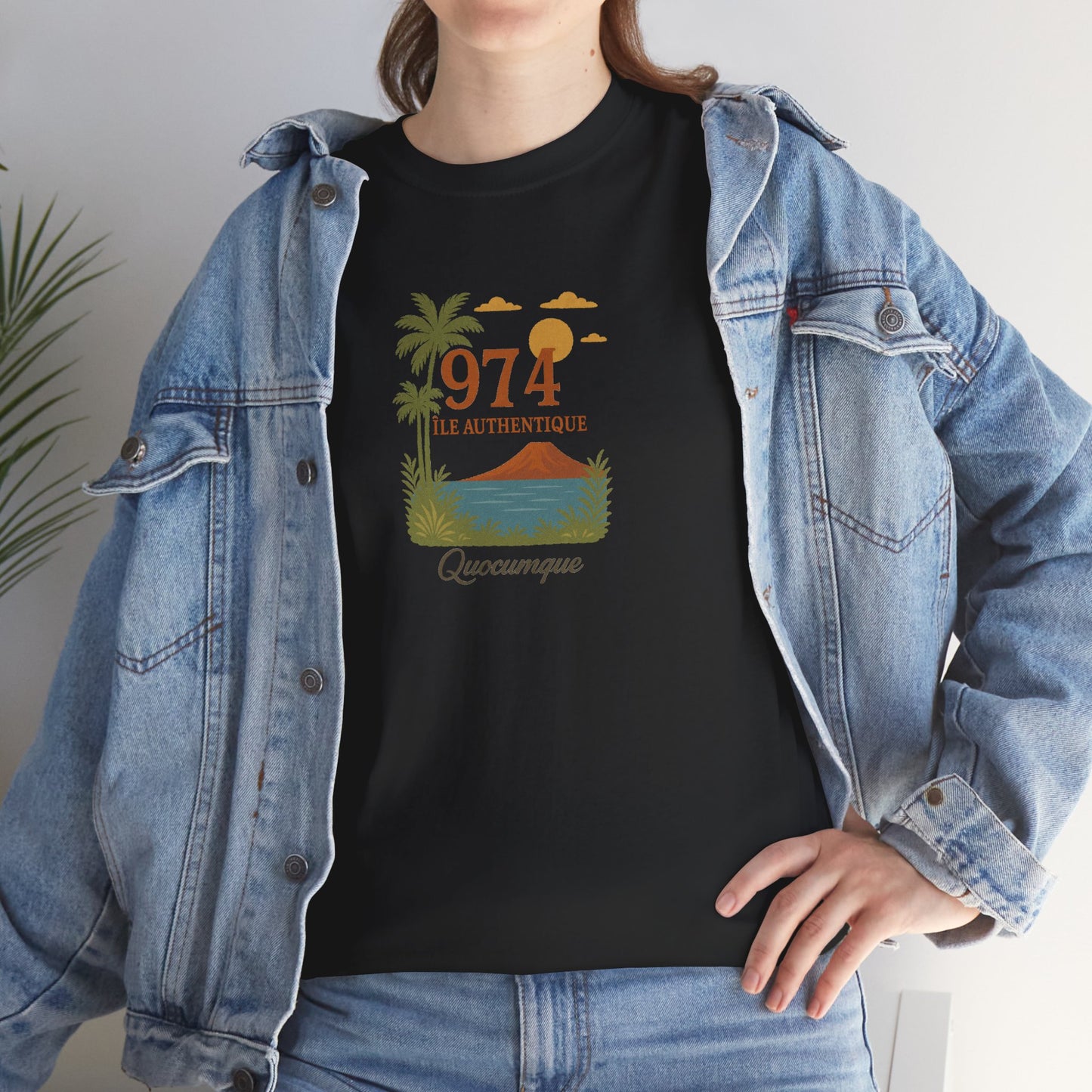 T-shirt "974 Île Authentique", Exotisme, Destination Île de La Réunion, Confort Coton, Sobre, Elégant, Souvenir Unique, Cadeau, Unisexe, Esprit Voyageur