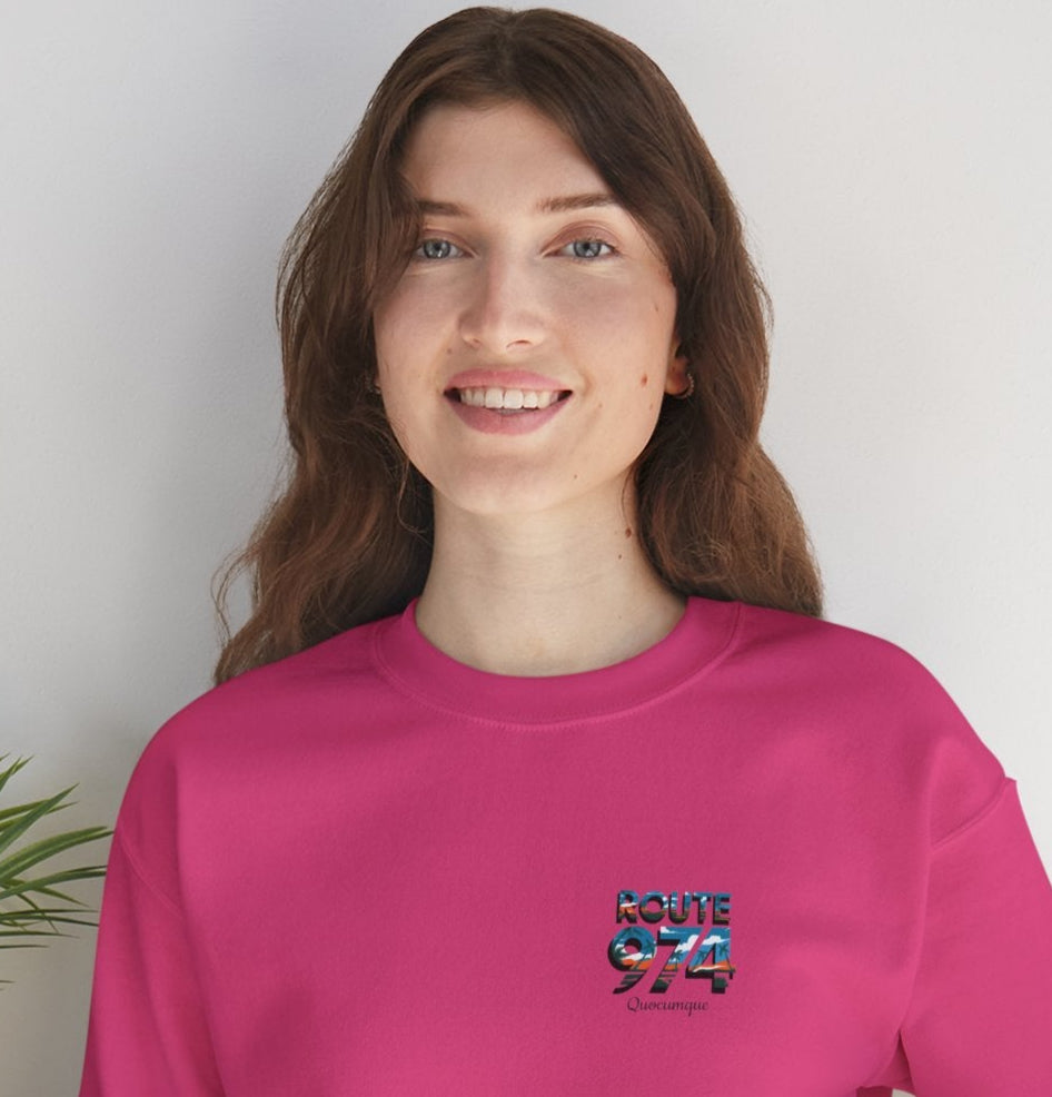 Sweat-Shirt Quocumque "Route 974", Exotique, Destination l'Île De La Réunion, Adulte, Homme, Femme, Sportive, Sportif, Décontracté, Élégant, Classique,