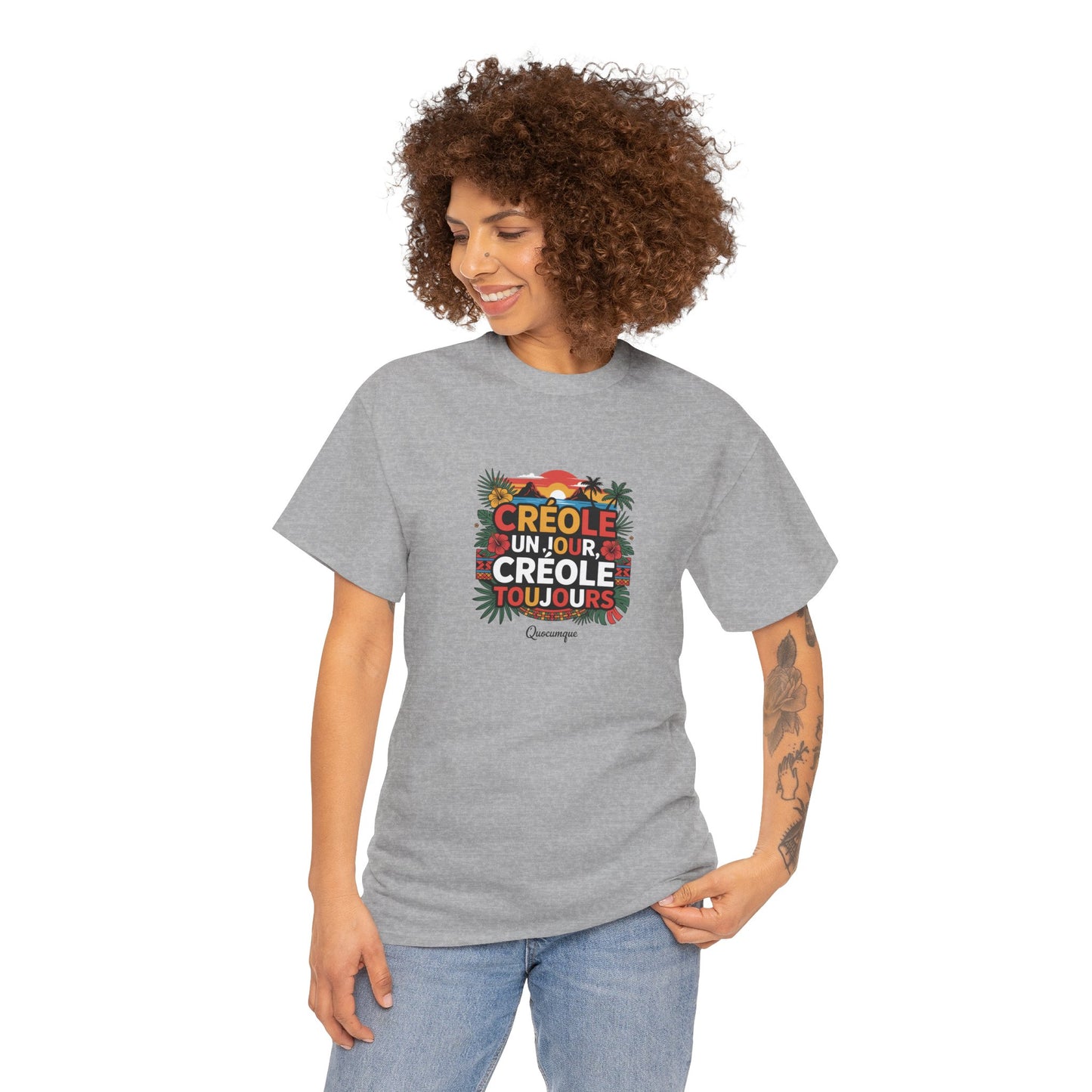 T-shirt Quocumque "Créole" Île de La Réunion", Confort Coton, Sobre, Elégant, Souvenir Unique, Cadeau, Unisexe, Esprit Voyageur