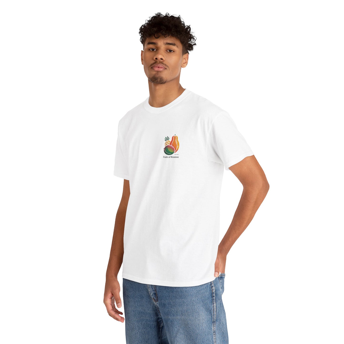 T-shirt "Fruits of Réunion", Île de La Réunion, Confort Coton, Sobre, Elégant, Souvenir Unique, Cadeau, Unisexe, Esprit Voyageur