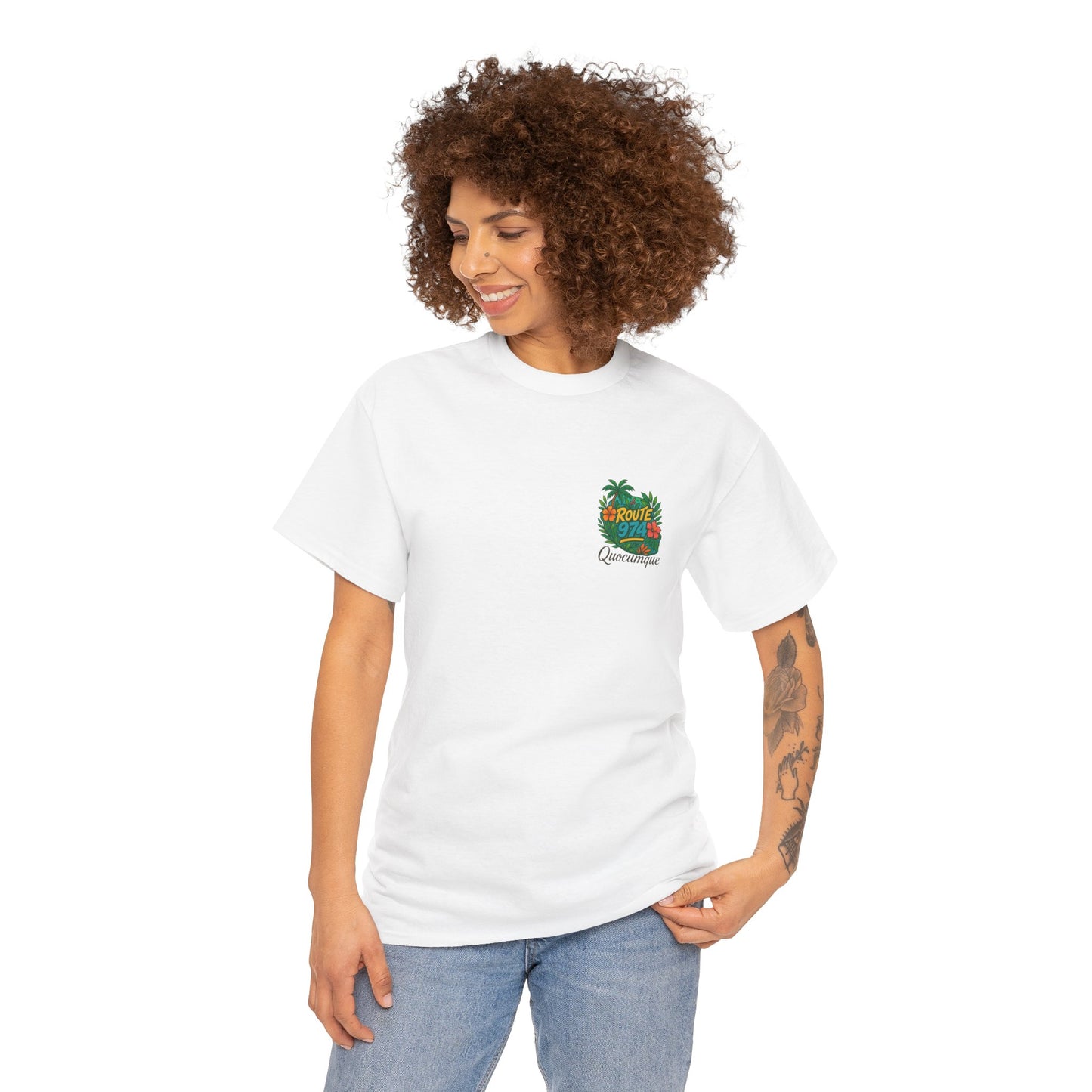 T-shirt "Route 974 Flore", Destination Île de La Réunion, Confort Coton, Sobre, Elégant, Souvenir Unique, Cadeau, Unisexe, Esprit Voyageur