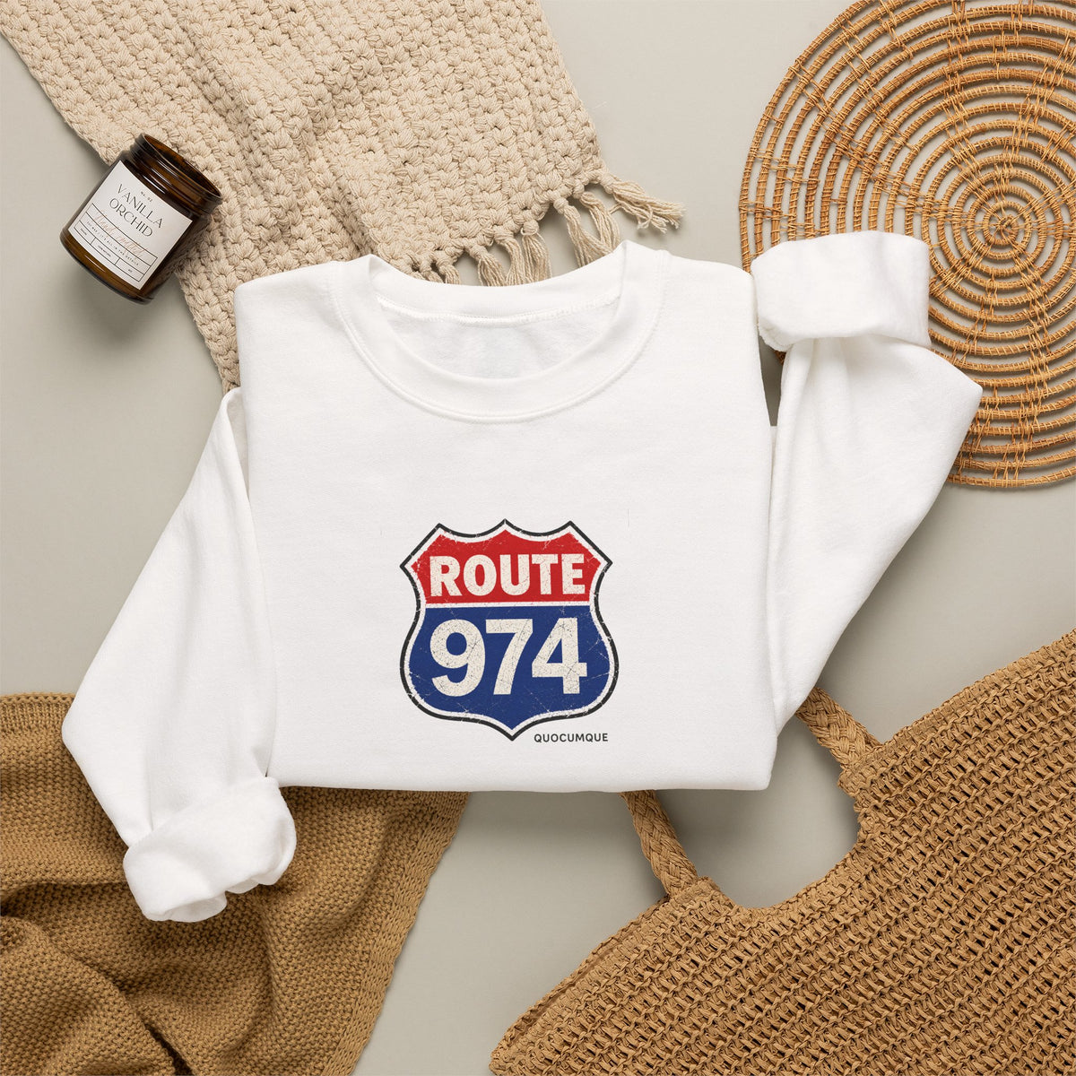 Sweat Quocumque "Route 974", Exotique, Destination Île De La Réunion, Adulte, Homme, Femme, Sportive, Sportif, Décontracté, Drapeau Régional